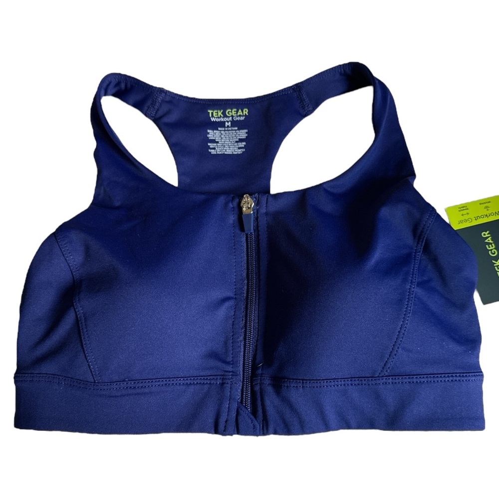 Tek‎ Gear Front Zip Sports Bra NWT Size Medium Navy Medium Impact Wicking